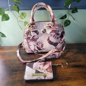 Betsey Johnson Mini Dome Crossbody Top Handle Floral Roses Bow White Pink